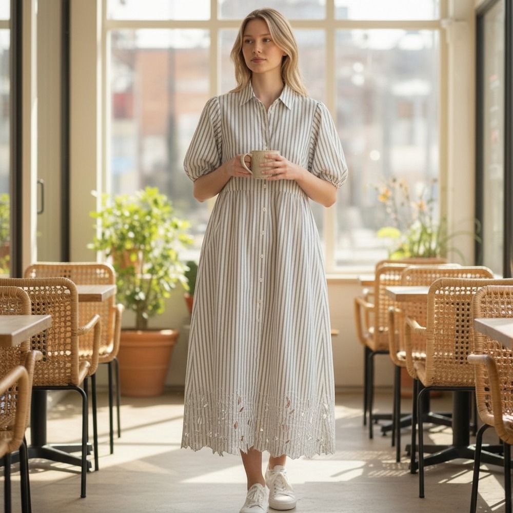 J.Crew Striped Eyelet Hem Puff Sleeve Midi Shirt Dress Blue White 2